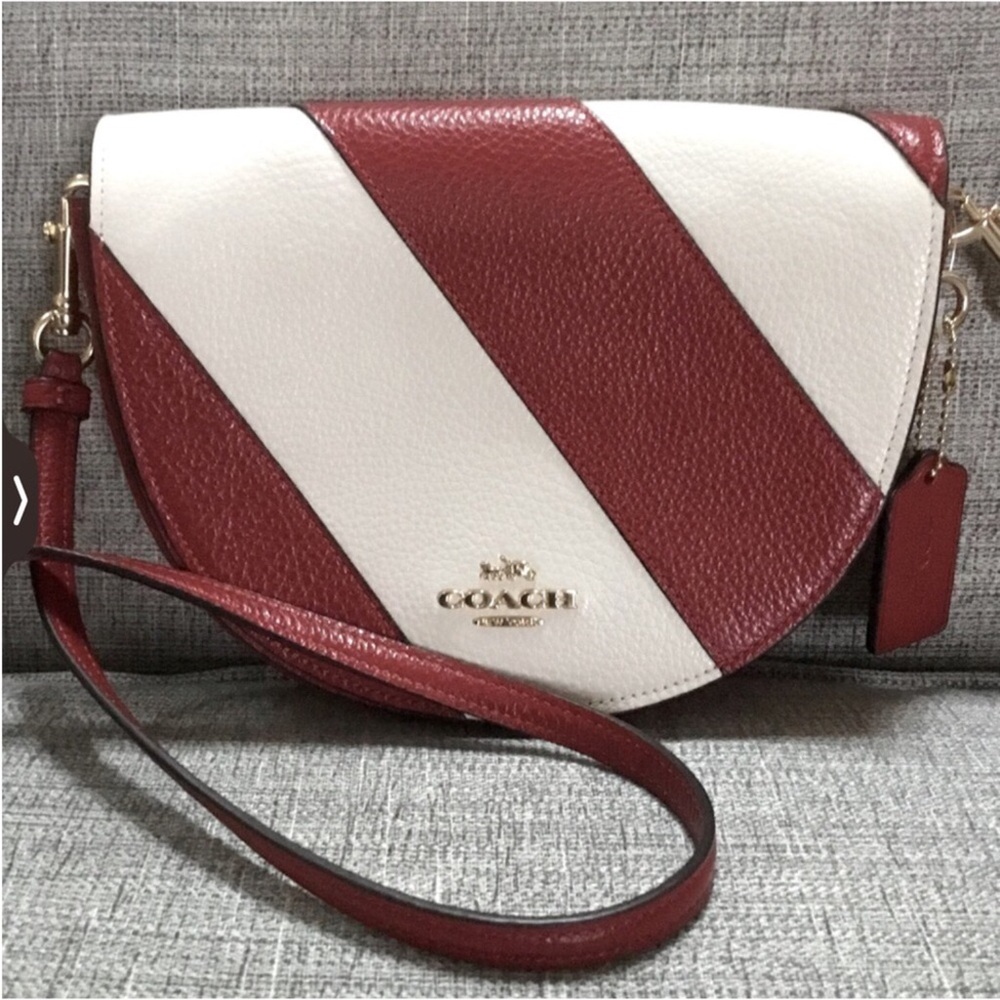 Coach Ellen Half Moon Red & White Striped Genuine Leather Crossbody Bag